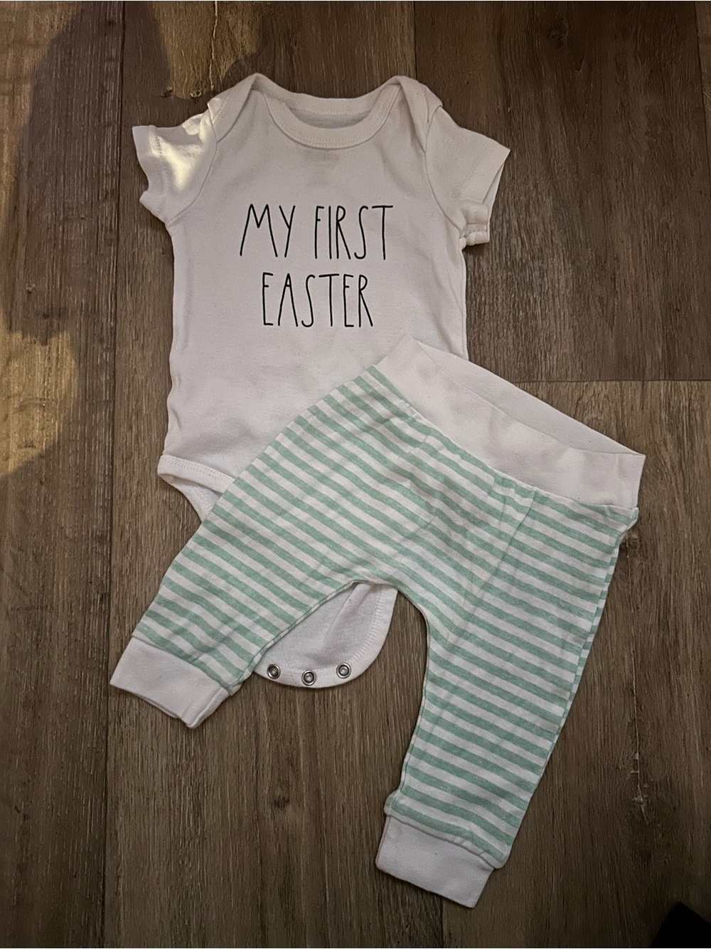 Rae Dunn 'My First Easter' White Bodysuit with Mint Stripe Pants: 3/6m